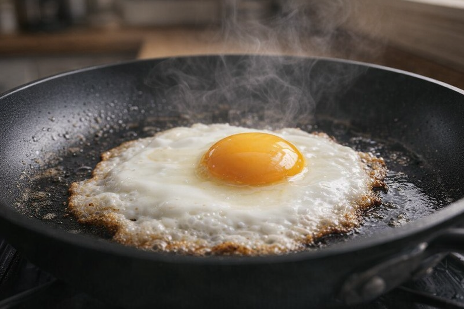 A close-up shot of a perfectly fried egg sizzling in a non-stick skillet, the whites are opaque and the yolk is still runny, steam rising from the pan.